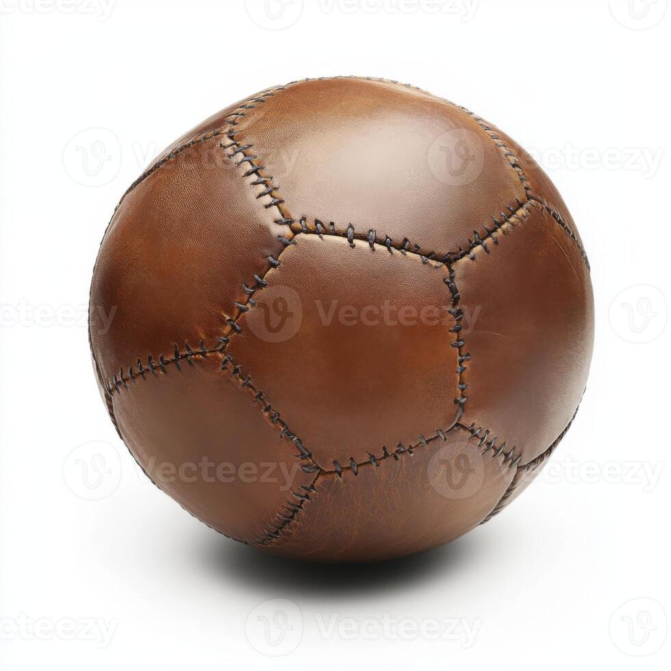 Classic leather soccer ball on a plain background showcasing intricate stitching and timeless design photo
