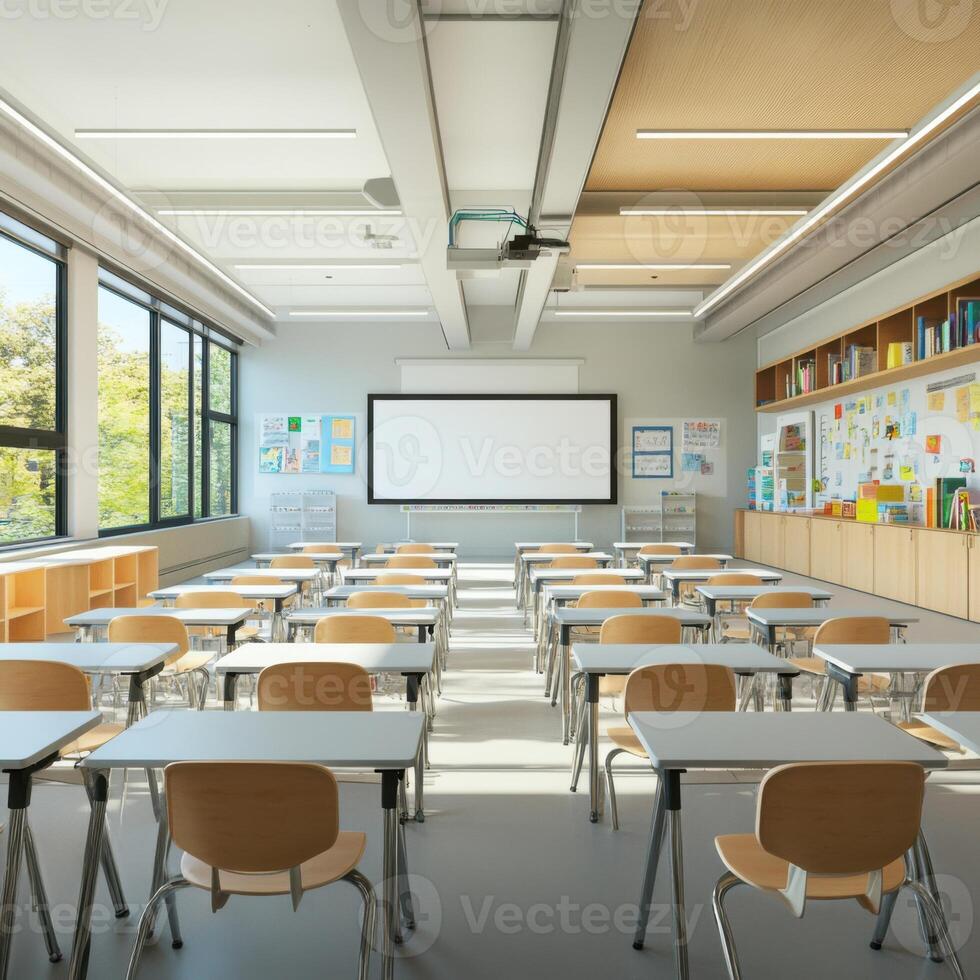 Modern classroom setup with natural light and minimalist design for effective learning experiences photo