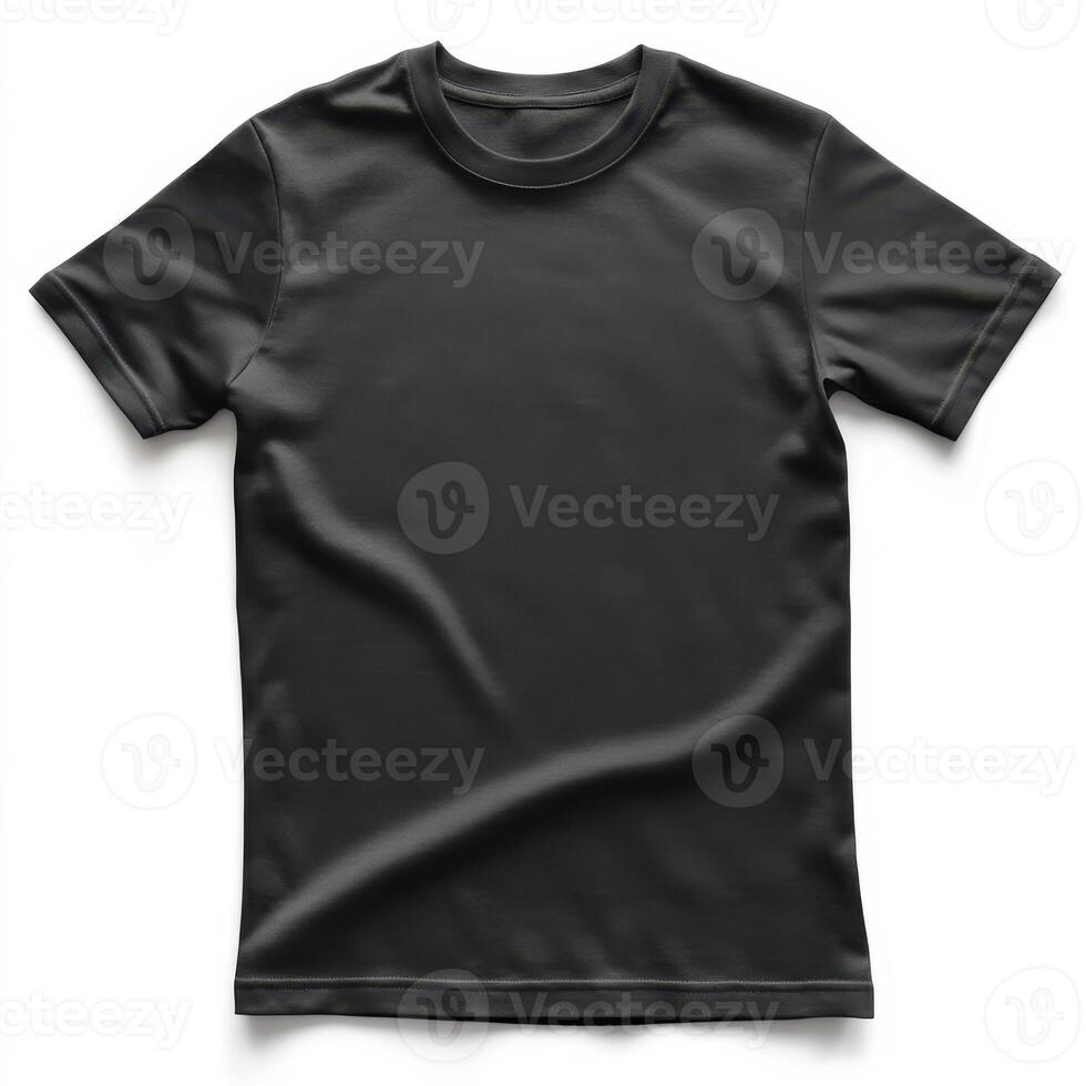 Simple black t-shirt displayed on a plain background showcasing its smooth texture and design features photo