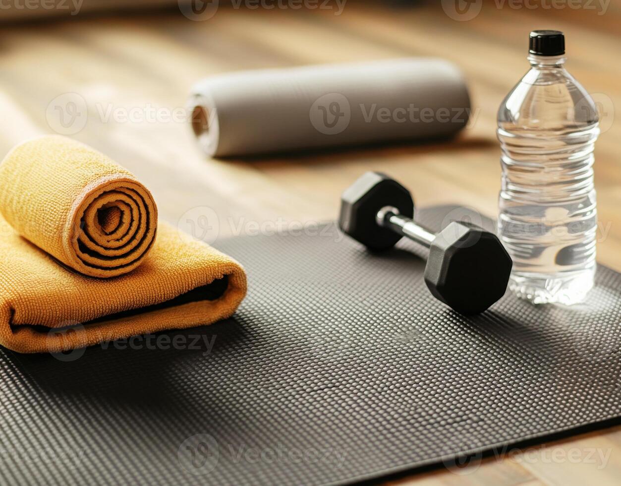Exercise setup with towel, weights, and water bottle on a fitness mat for a workout session photo