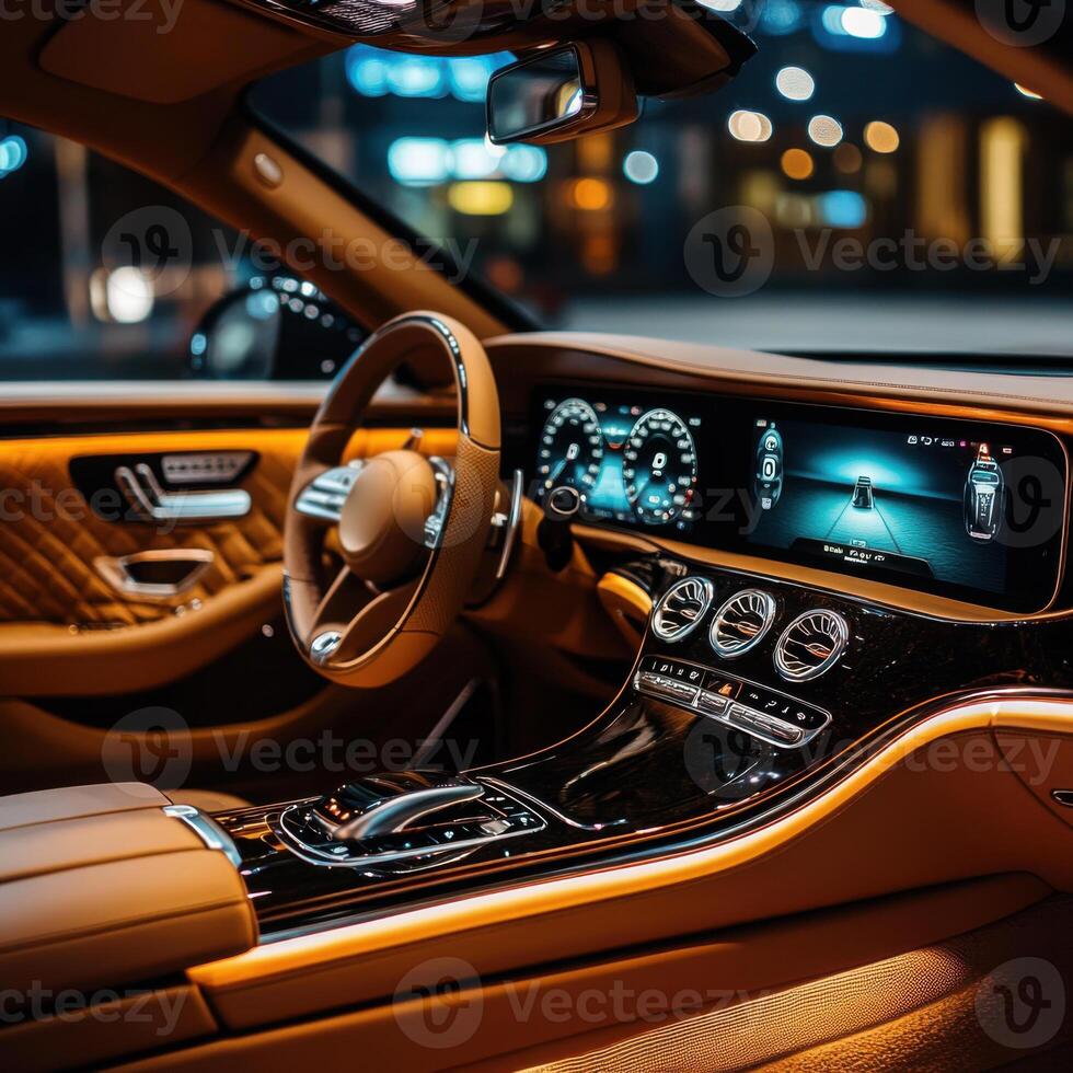 Luxurious car interior showcasing advanced technology and elegant design during nighttime city drive photo