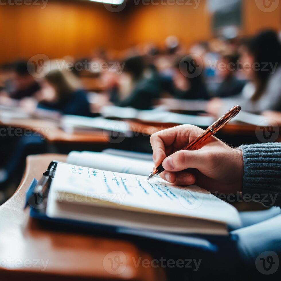 Students engaged in note-taking during a lecture in a university classroom setting photo