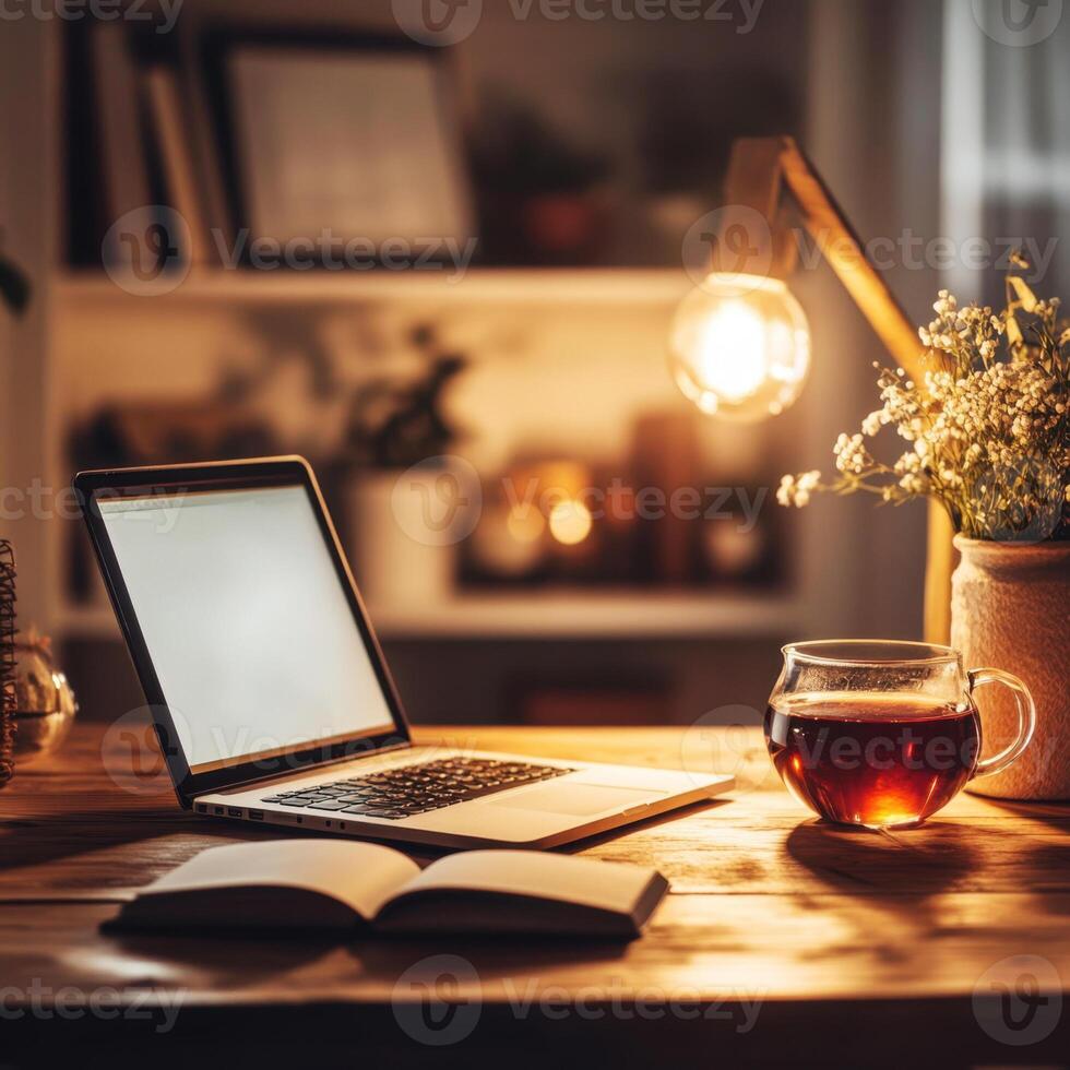 Cozy workspace at night with a laptop, warm tea, and soft lighting creating a peaceful atmosphere photo