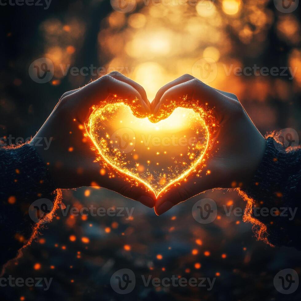 Heart-shaped hand gesture with glowing effects during sunset in a forest setting photo