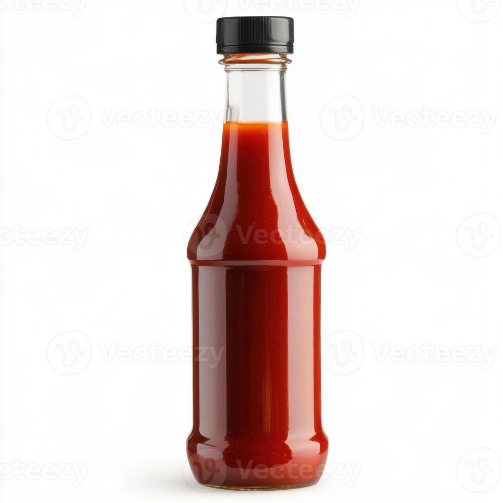 Bottle of red sauce placed on a neutral background with a smooth finish photo