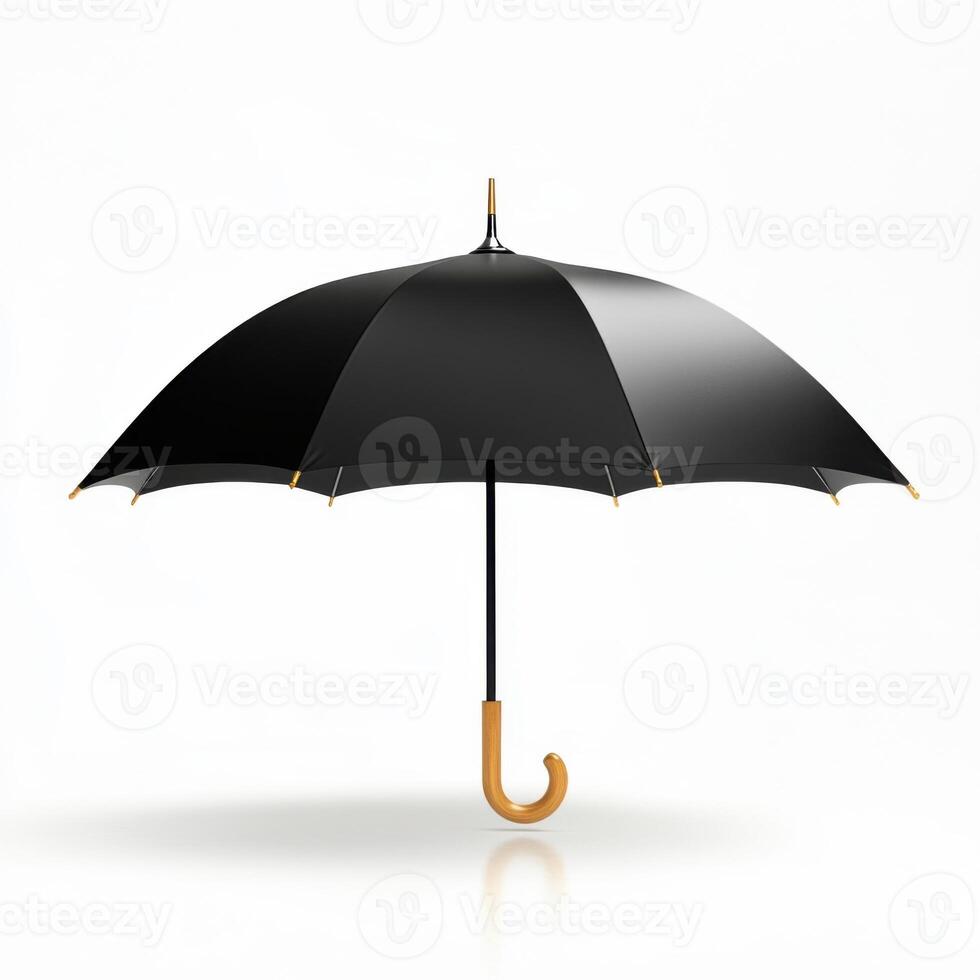Black umbrella with a wooden handle standing upright against a plain white background photo