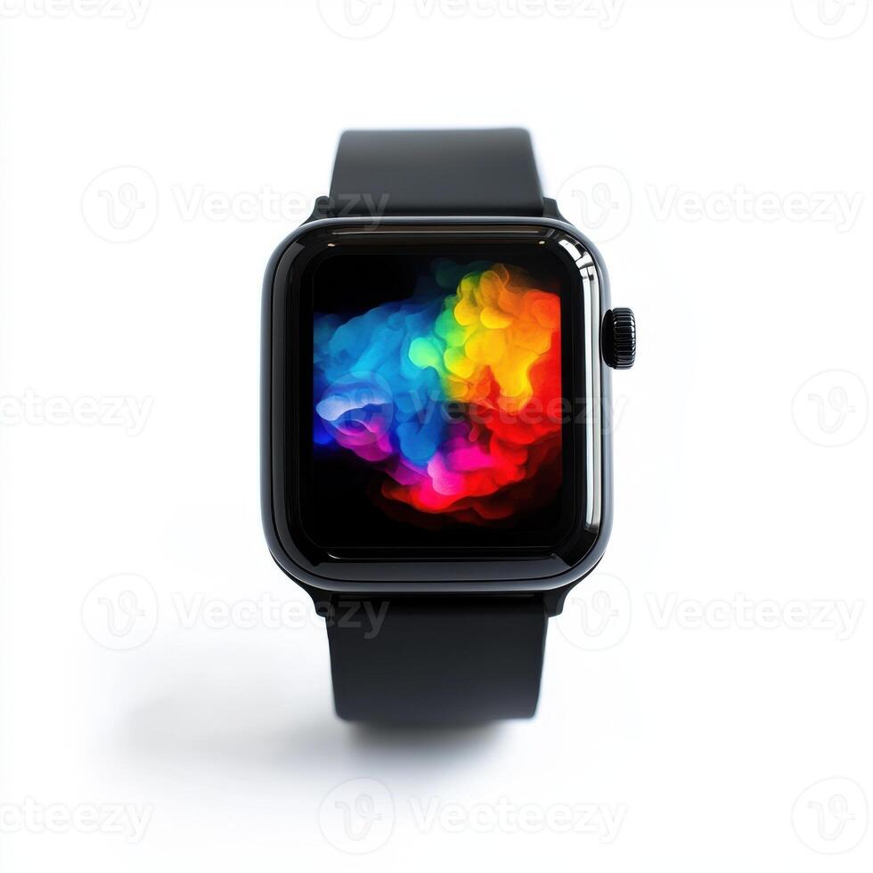 Modern smartwatch displaying vibrant abstract colors on its screen against a minimalist background photo