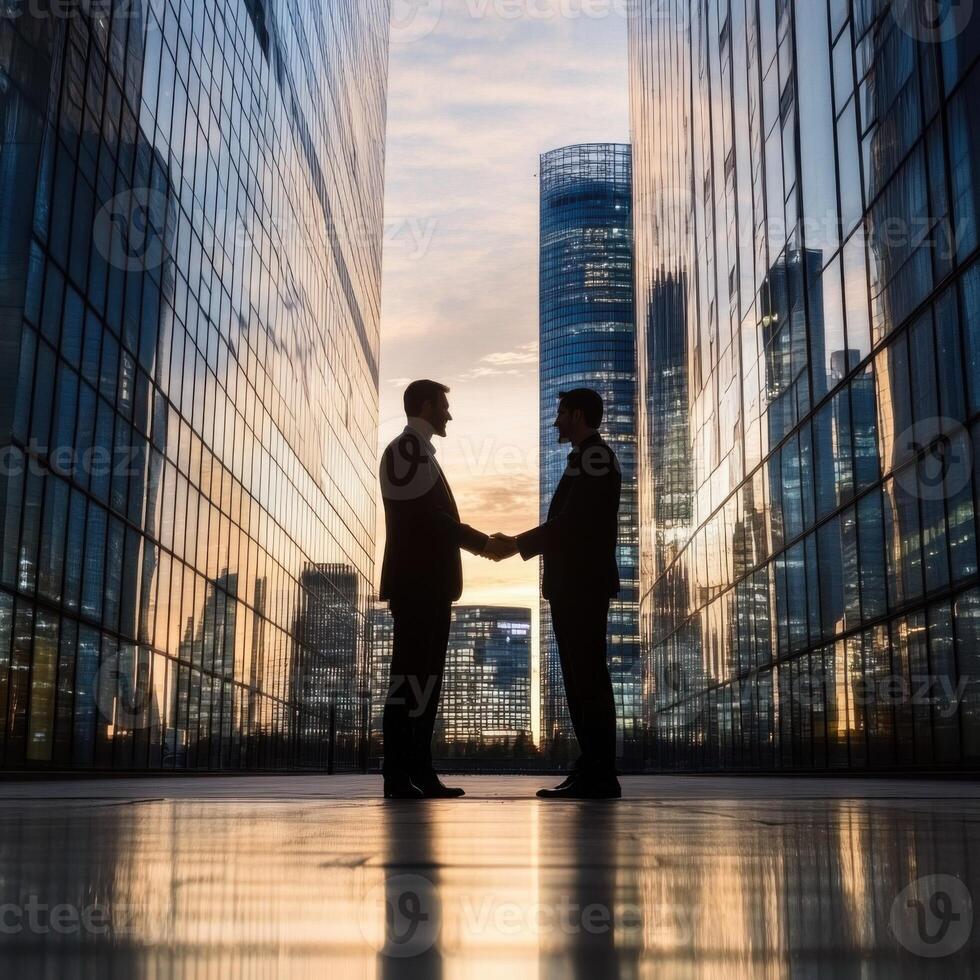 Businessmen shaking hands at sunset in a modern city with skyscrapers reflecting warm light photo