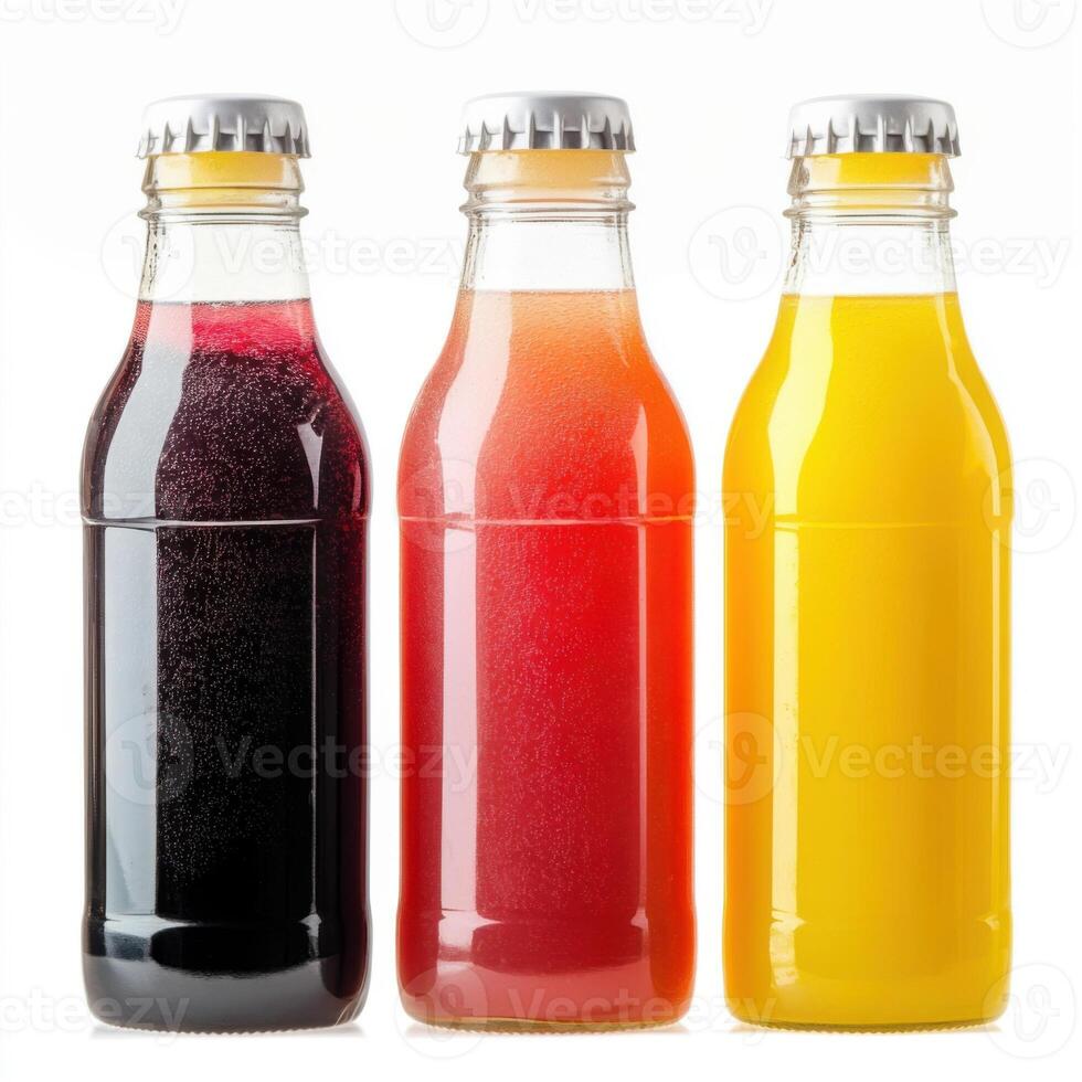 Colorful fruit beverages displayed in glass bottles set against a white background photo
