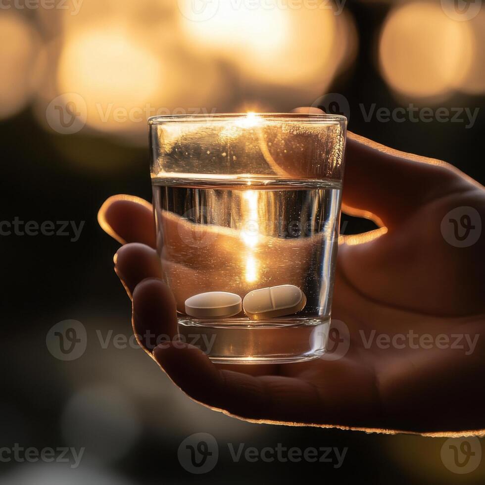 Holding a glass of water with pills at sunset, capturing a moment of reflection and care photo