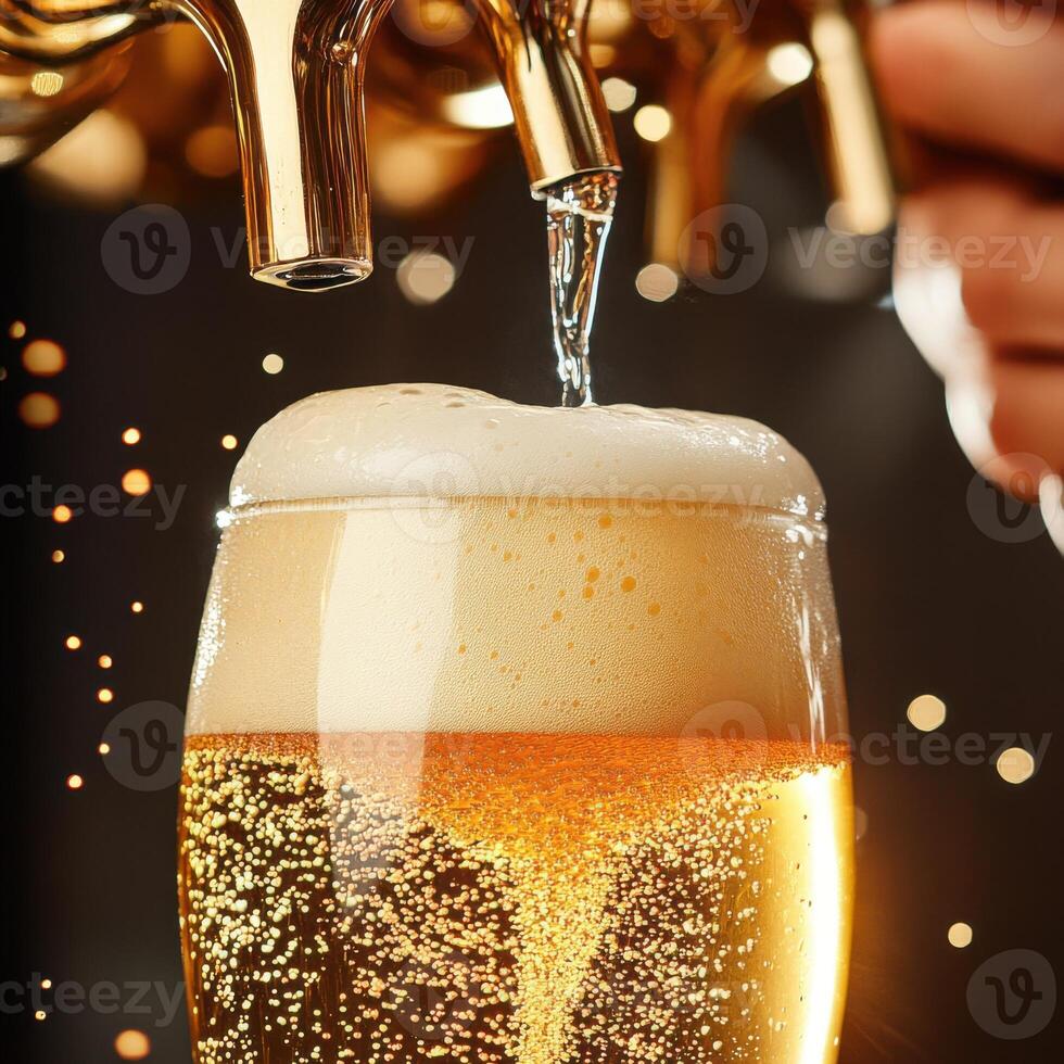 Pouring a perfect draft beer into a chilled glass at a bustling bar during a lively evening photo