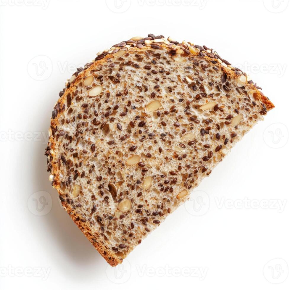 Freshly baked whole grain bread slice with seeds and nuts on a white background photo