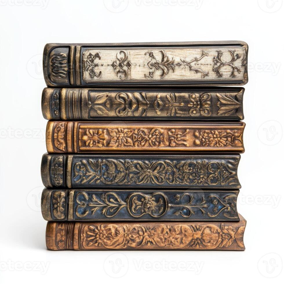 Decorative stacked books with intricate designs displayed for home decor or library enhancement photo