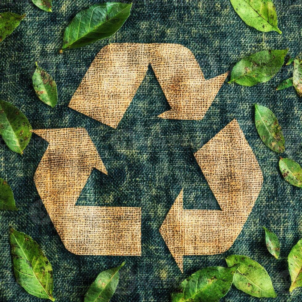 Symbol of sustainability with natural leaves surrounding a recycling emblem on a textured fabric background photo