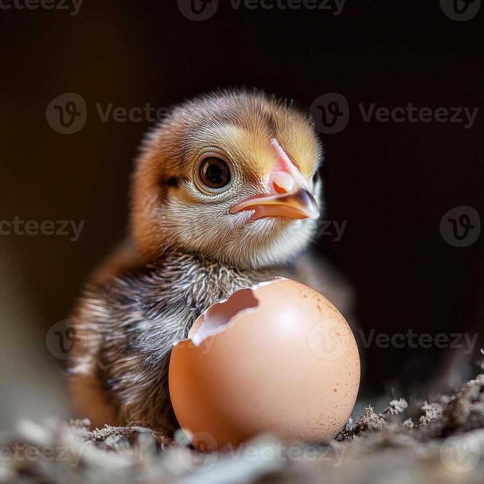 Chick hatching from egg in a nest captured in a cozy, warm environment photo