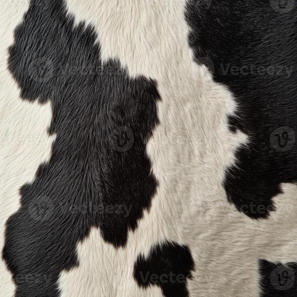 Close-up view of black and white cowhide showcasing unique fur patterns and textures in natural light photo