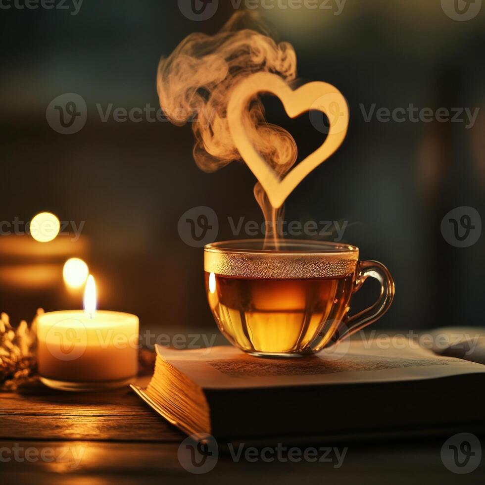 Warm cup of tea with heart-shaped steam surrounded by candlelight and an open book during a cozy evening photo