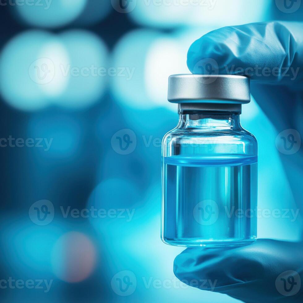 Medical professional holding a vial of blue liquid in a laboratory setting during a research session photo