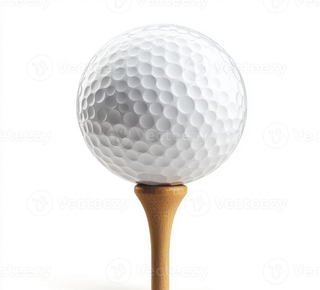 Golf ball resting on a wooden tee ready for a swing on a sunny day at the golf course photo