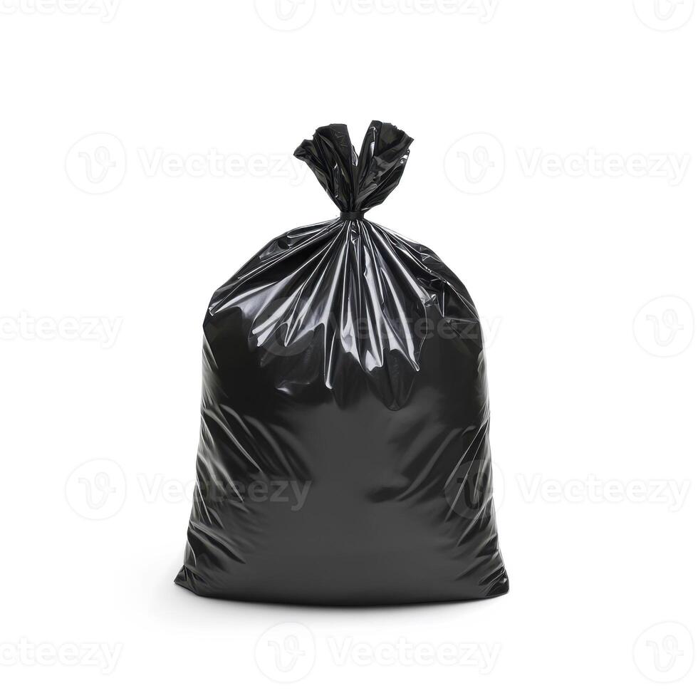 Large black garbage bag filled with waste material displayed on a plain white background photo