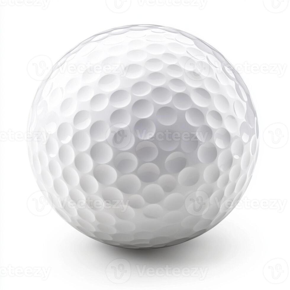 White golf ball with dimples resting on a smooth surface in bright light photo