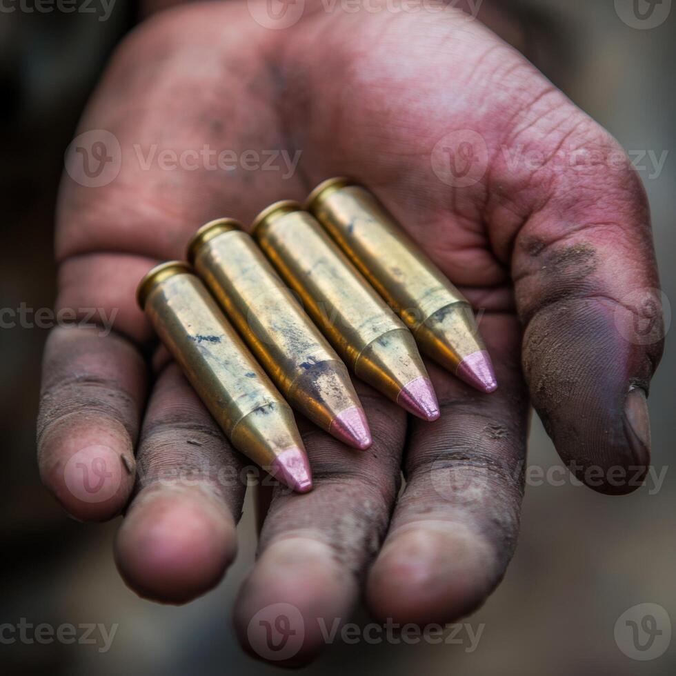 Soldier holds several shiny bullets in hand, showcasing the tools of warfare during a military operation photo