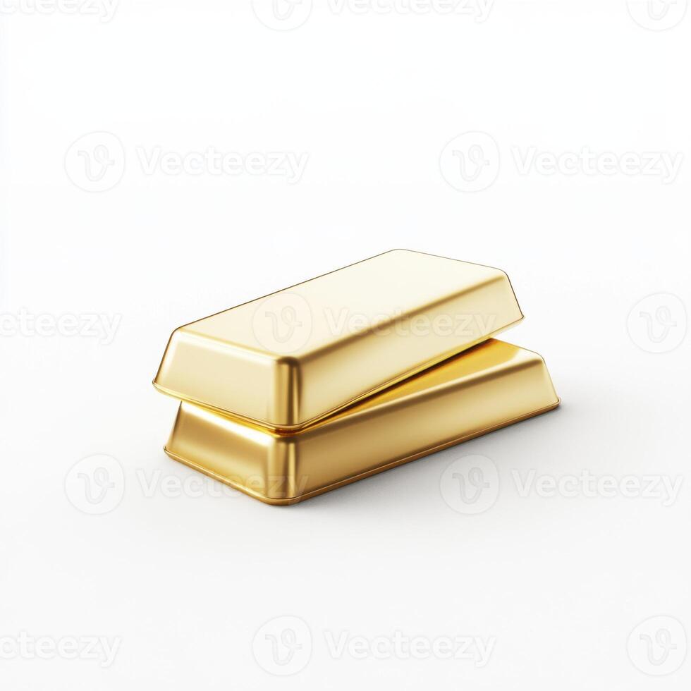 Shiny gold bars stacked on a white surface reflecting light in a minimalistic setting photo