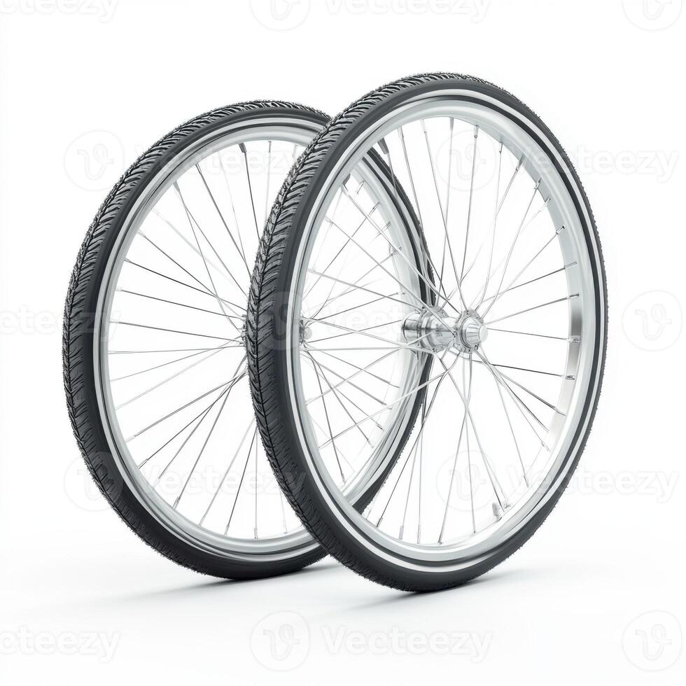 Bicycle wheels suitable for various cycling activities situated on a plain background photo