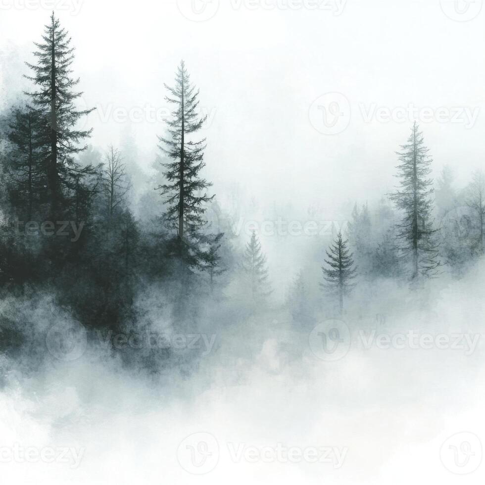 Misty forest landscape with tall evergreen trees and soft fog during early morning light photo