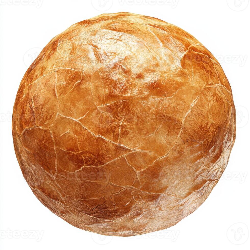 Golden crusty bread ball resting on a white background highlighting its texture and shape photo