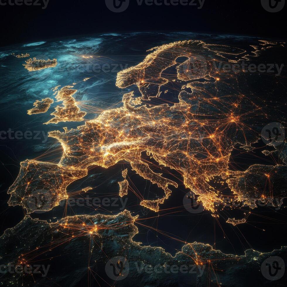 Insight into Europe illuminated network from space showcasing its vibrant cities and transport links at night photo