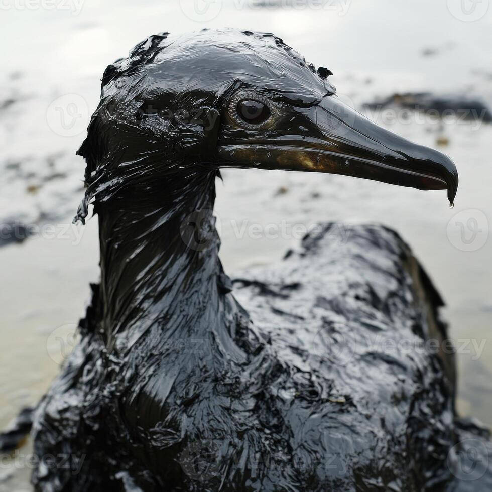 Bird covered in oil on the shoreline during a coastal pollution event in the afternoon photo