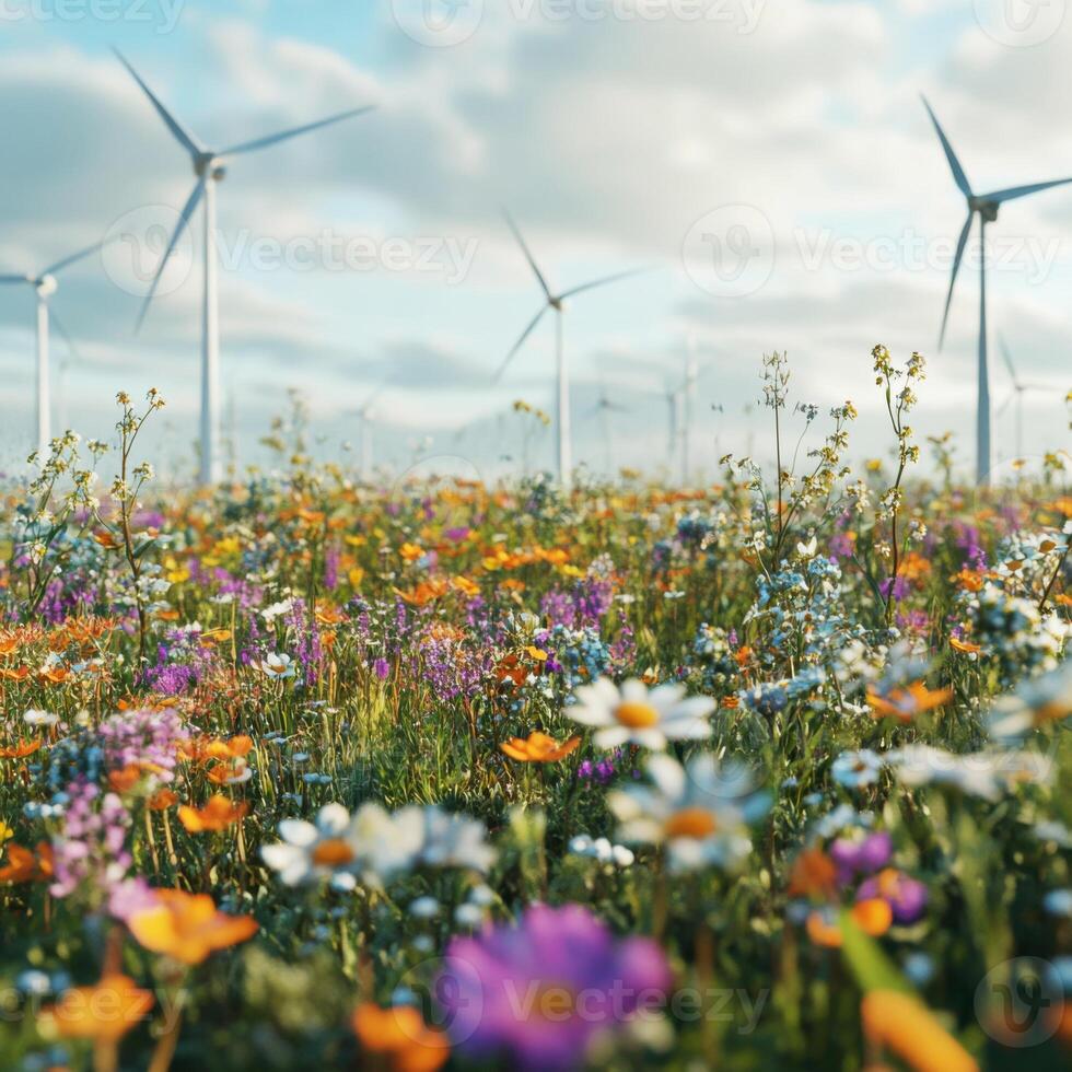 Vibrant wildflower field with wind turbines under a clear sky in springtime photo