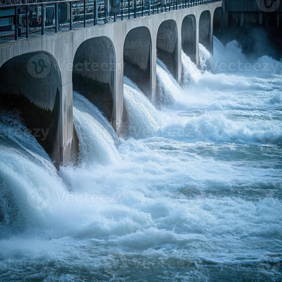 Water flows vigorously through dam gates during a sunny day by the riverside in a tranquil setting photo