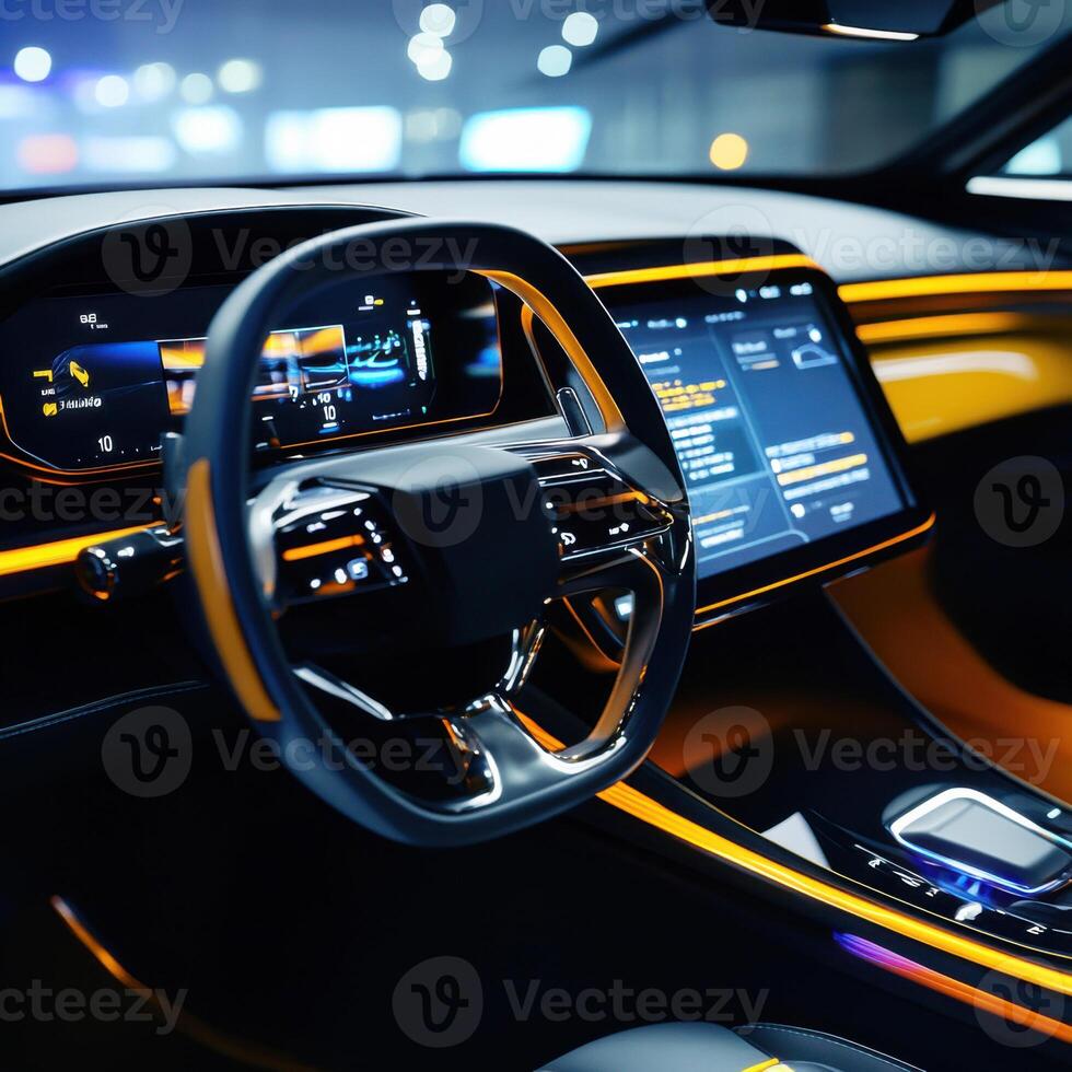 High-tech car interior featuring advanced dashboard and illuminated design elements at a modern auto showroom photo