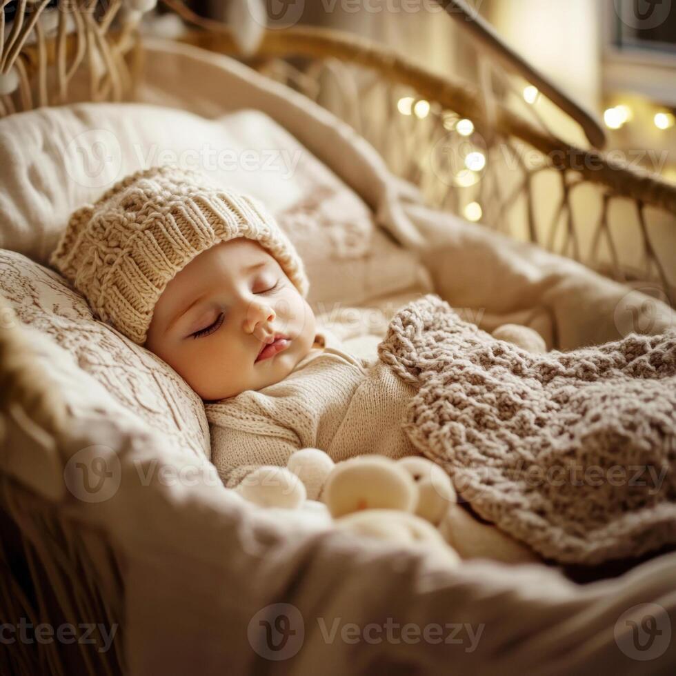 Sweet baby peacefully sleeping in cozy basket surrounded by soft fabrics and warm lights photo