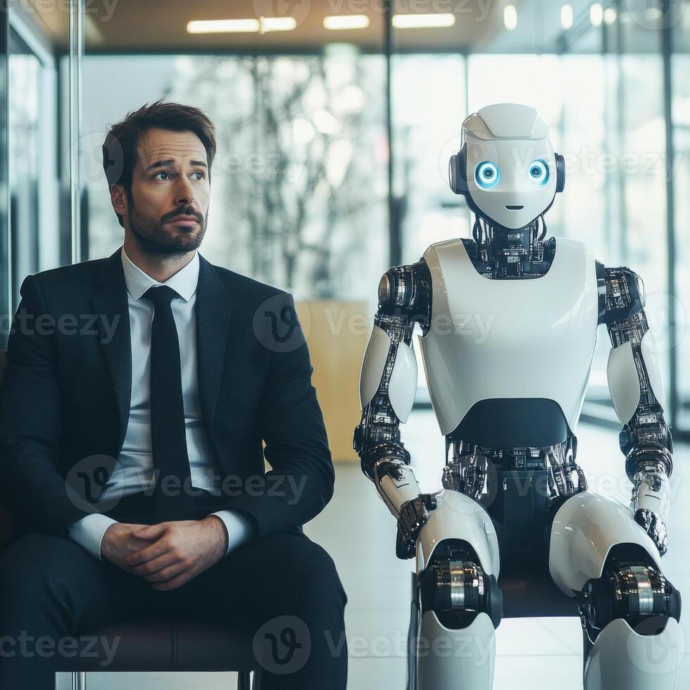 Businessman and humanoid robot waiting together in a modern office environment during daylight hours photo