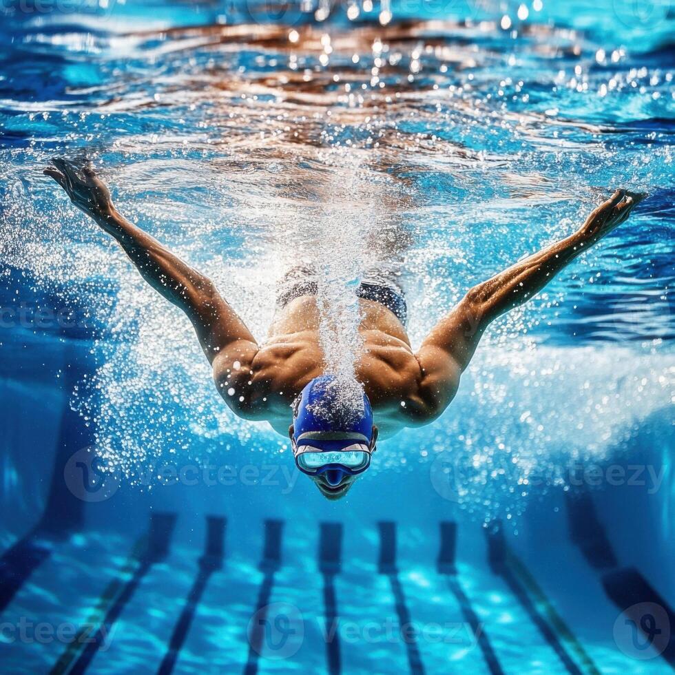 Swimmer dives into the pool with powerful stroke and determination during a bright sunny day photo