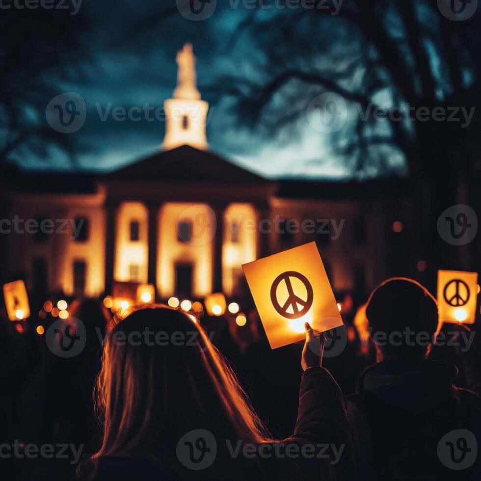 Protesters hold peace signs during a candlelight vigil in front of a historic building at dusk photo