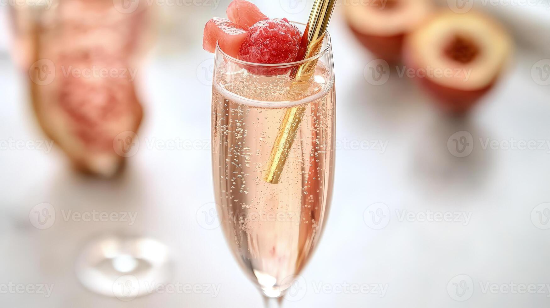Bubbles rise in a flute glass, crowned with fruit, celebrating a joyful moment shared among friends photo