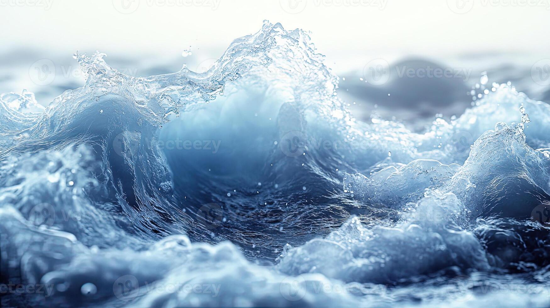 Powerful waves surge and crash against each other under a bright morning sky, reflecting light photo
