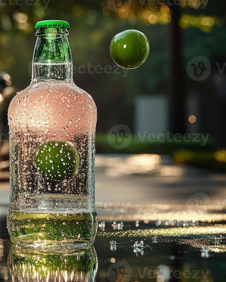 A sparkling drink captures sunlight while a lime hovers in the air, creating a refreshing vibe photo