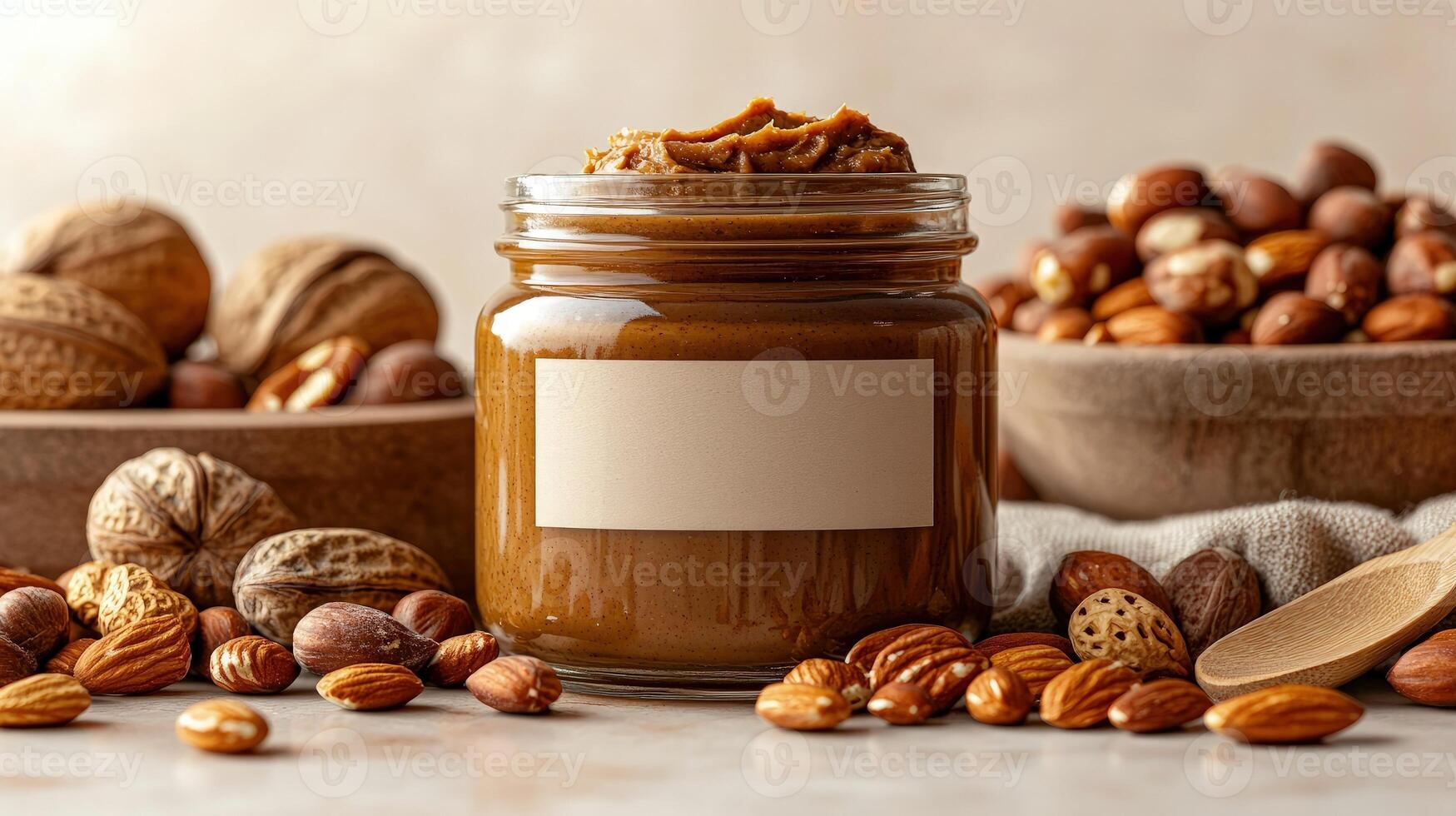 A jar of rich nut butter sits among an array of nuts, inviting a moment of delicious indulgence photo