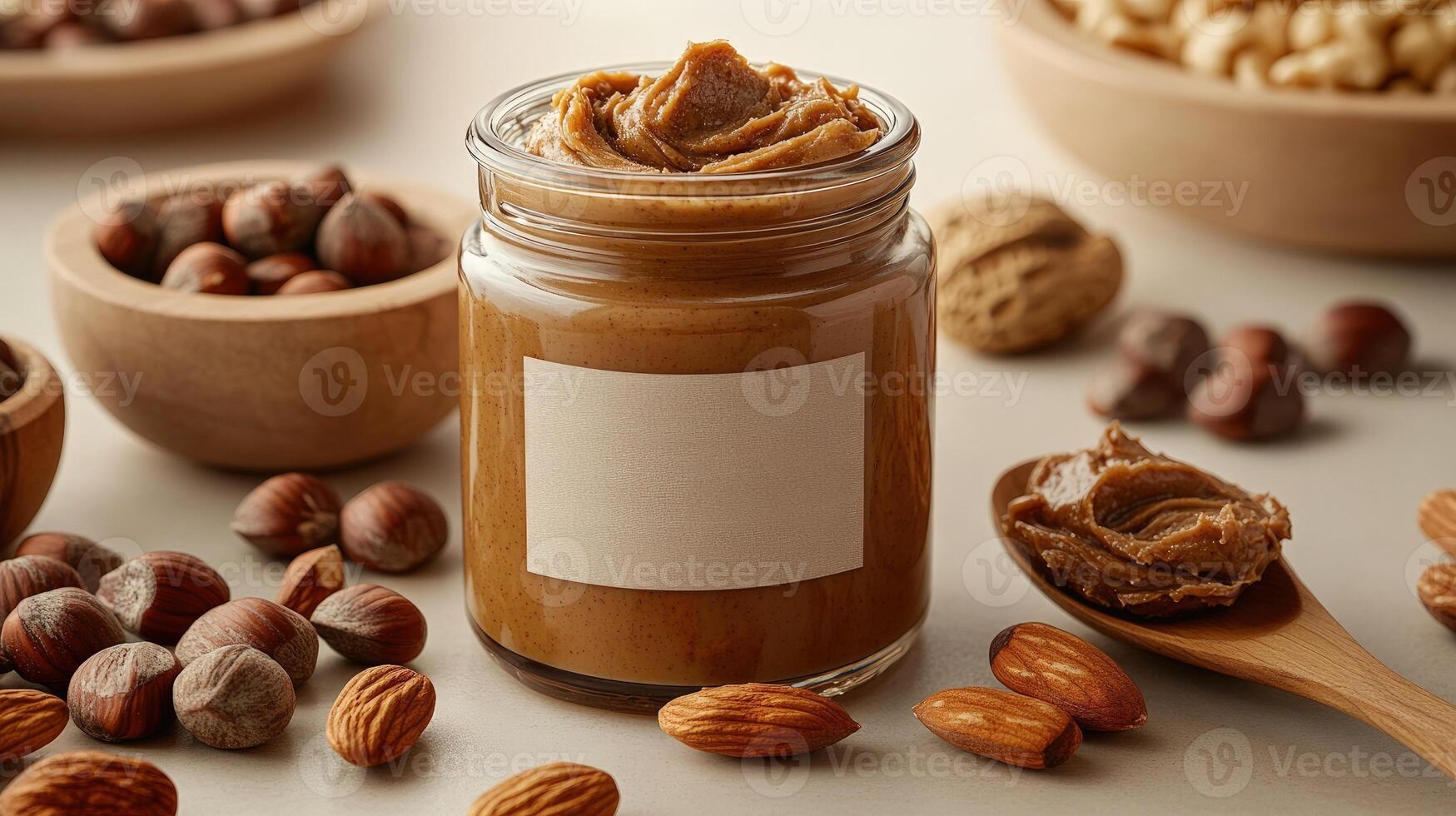 A jar of nut butter next to raw nuts offers a tasty, healthy snack choice photo
