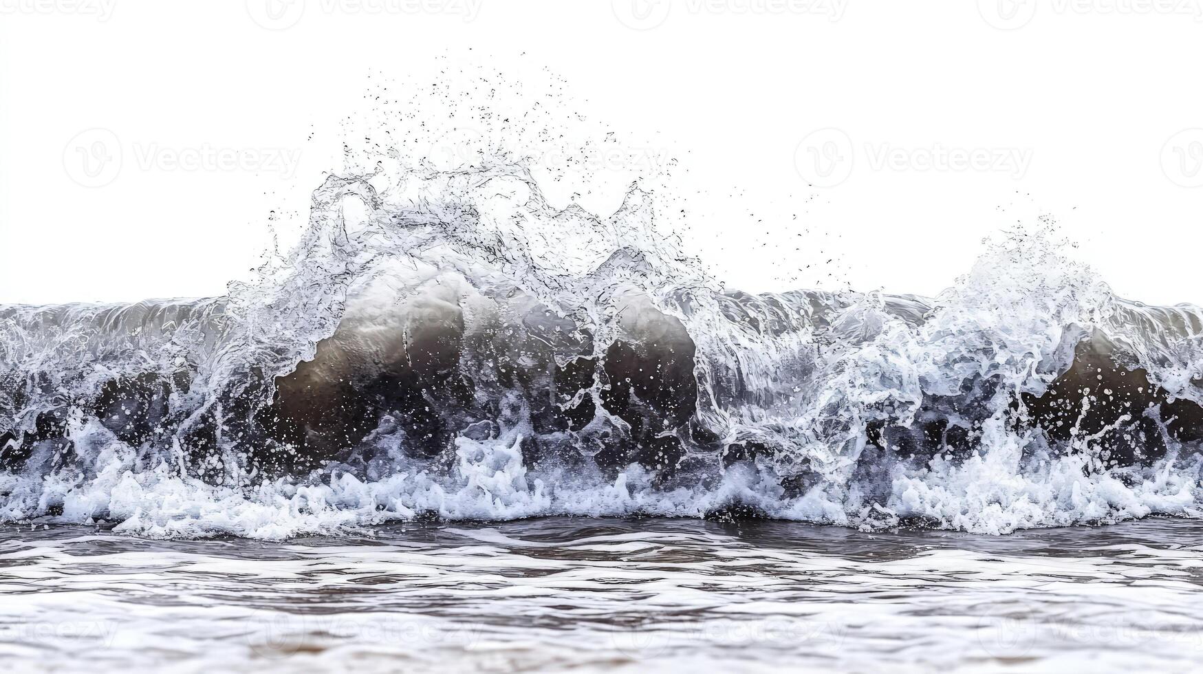 A powerful wave hits the rocky coastline, creating a stunning splash of water under grey clouds photo