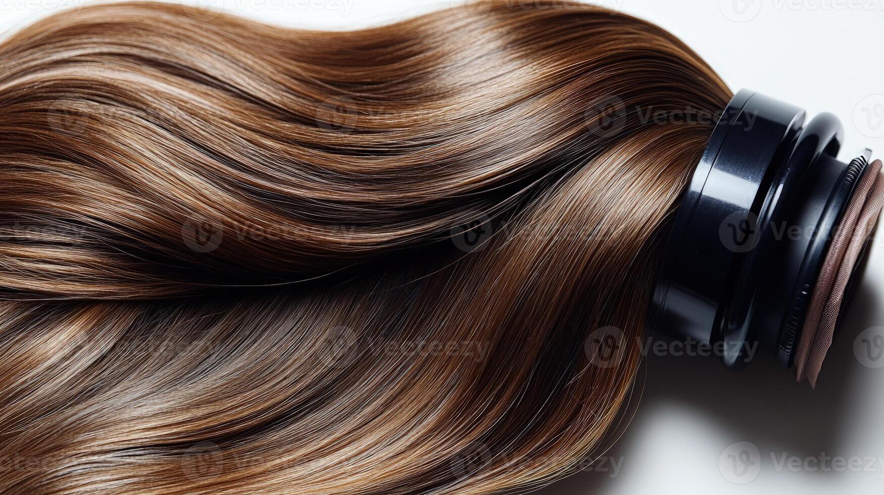 Long, flowing brown hair lay beautifully styled, reflecting light and exuding elegance and fullness photo