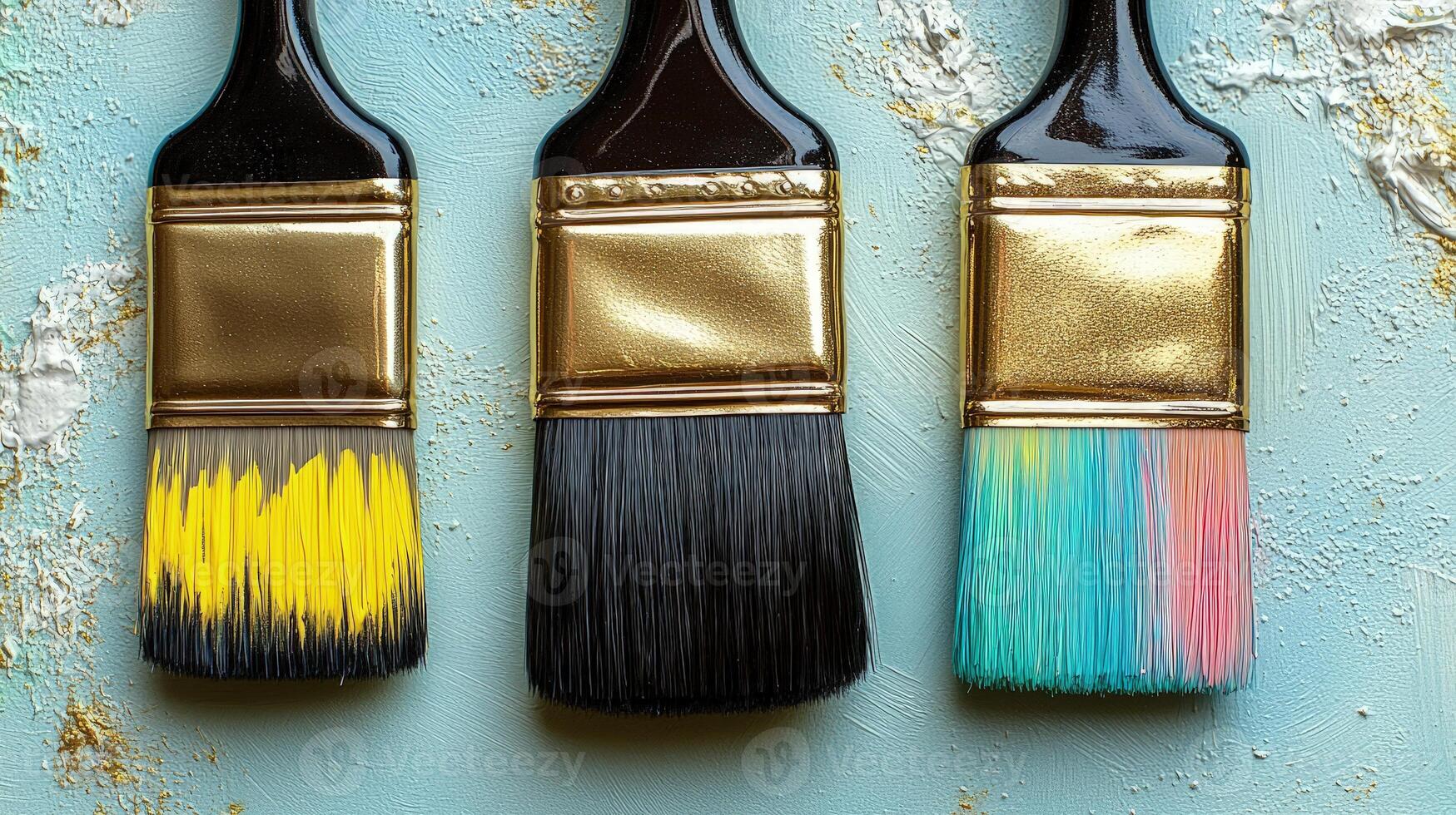 Three vibrant paintbrushes lean on a textured blue surface, celebrating creativity photo