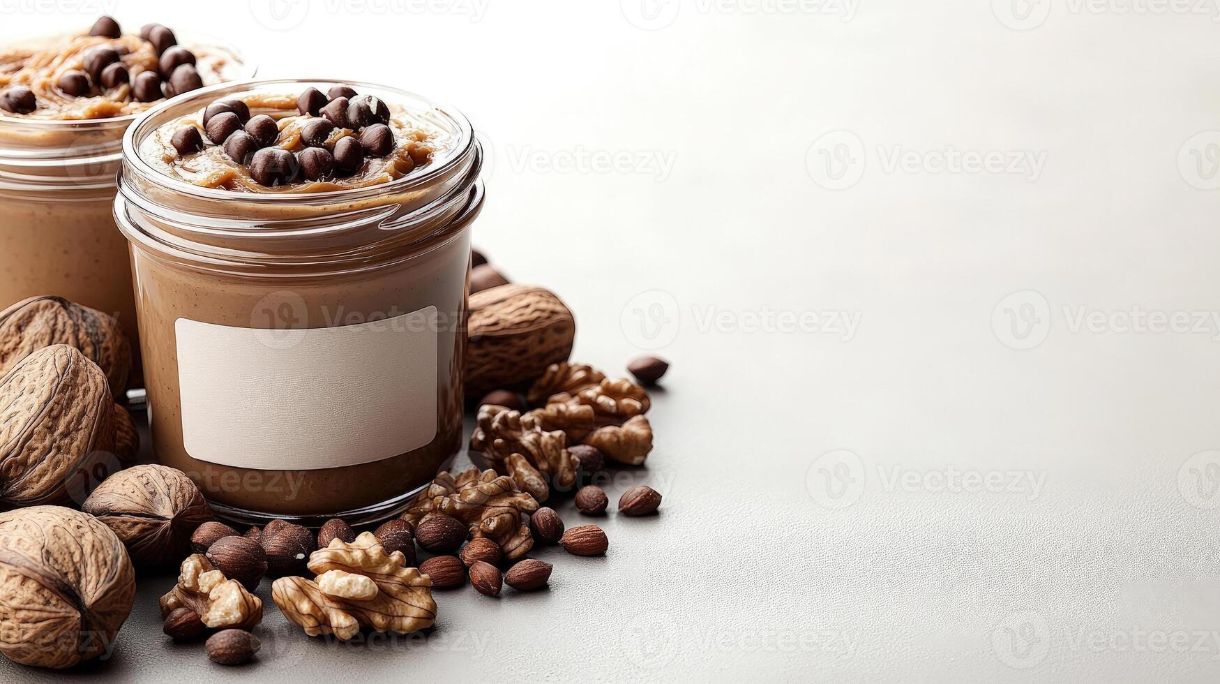 Rustic jars of coffee mousse showcasing decadent layers, adorned with nuts and coffee beans photo