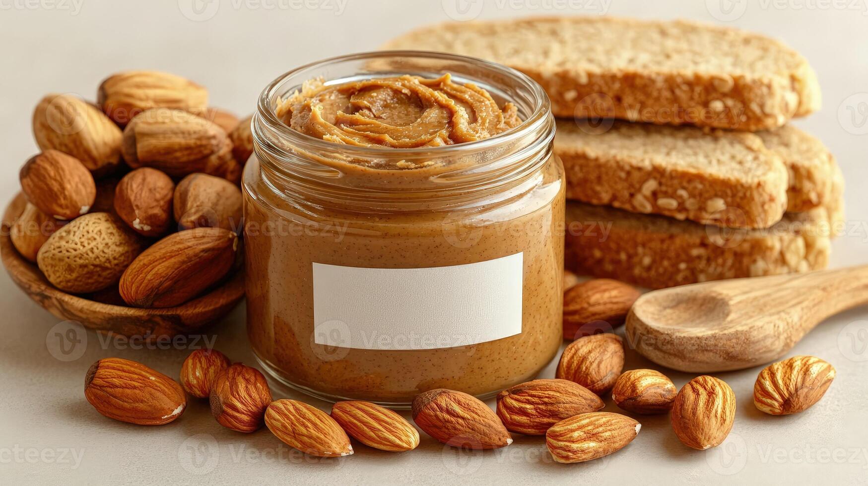Nutty almond butter with crunchy almonds on whole grain bread makes a tasty snack photo