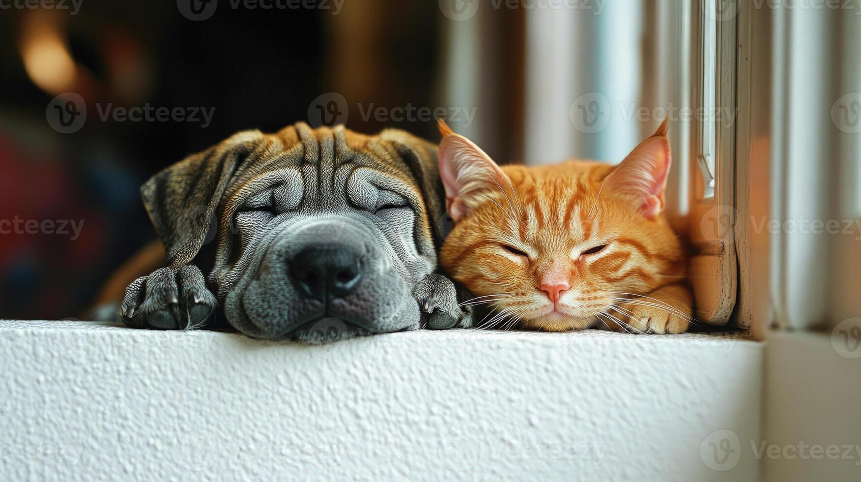 A dog and cat nap side by side in warm sunlight streaming through the window photo